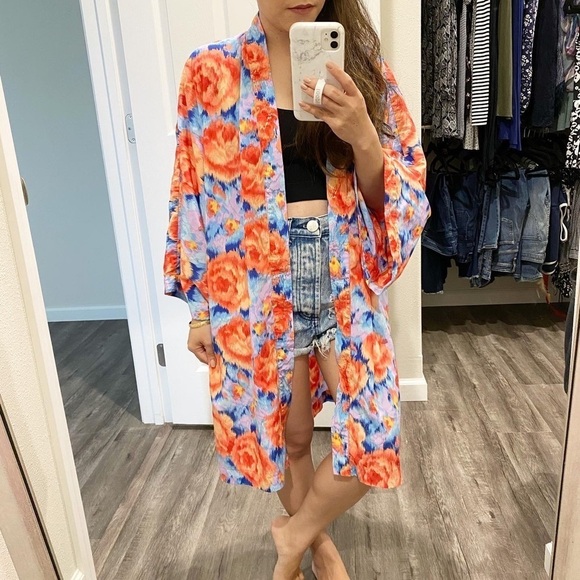 Vintage Gottex Floral Open Front Robe Kimono Coverup - Picture 1 of 9